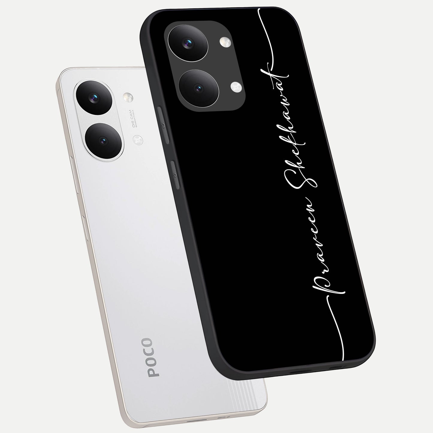  Black Tune Custom Name phone case For Poco X8 Pro Max showing premium glass back cover with detailed artwork