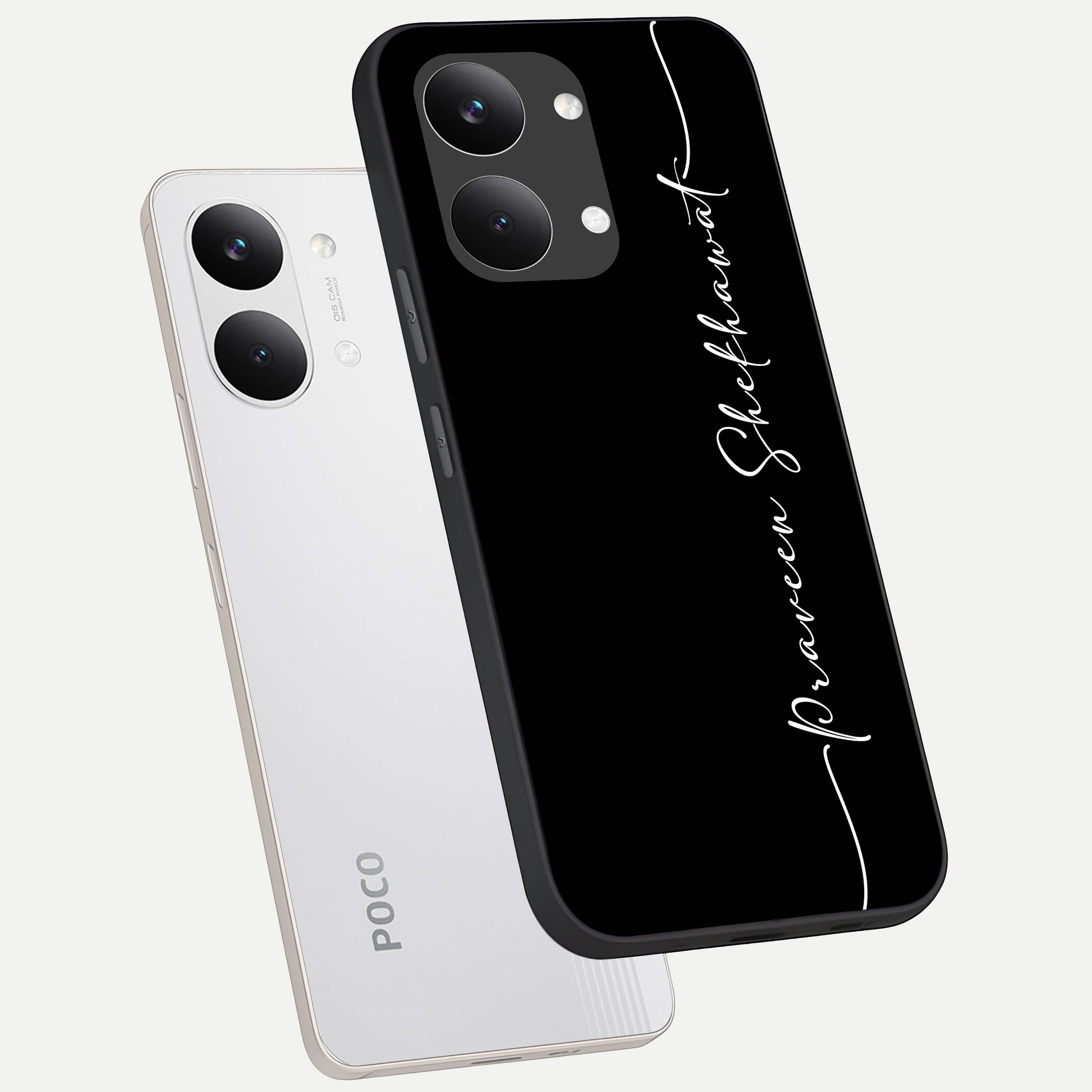  Black Tune Custom Name phone case For Poco X8 Pro Max showing premium glass back cover with detailed artwork
