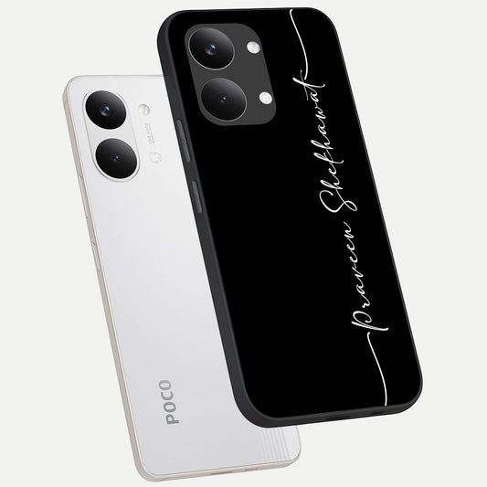  Black Tune Custom Name phone case For Poco X8 Pro Max showing premium glass back cover with detailed artwork
