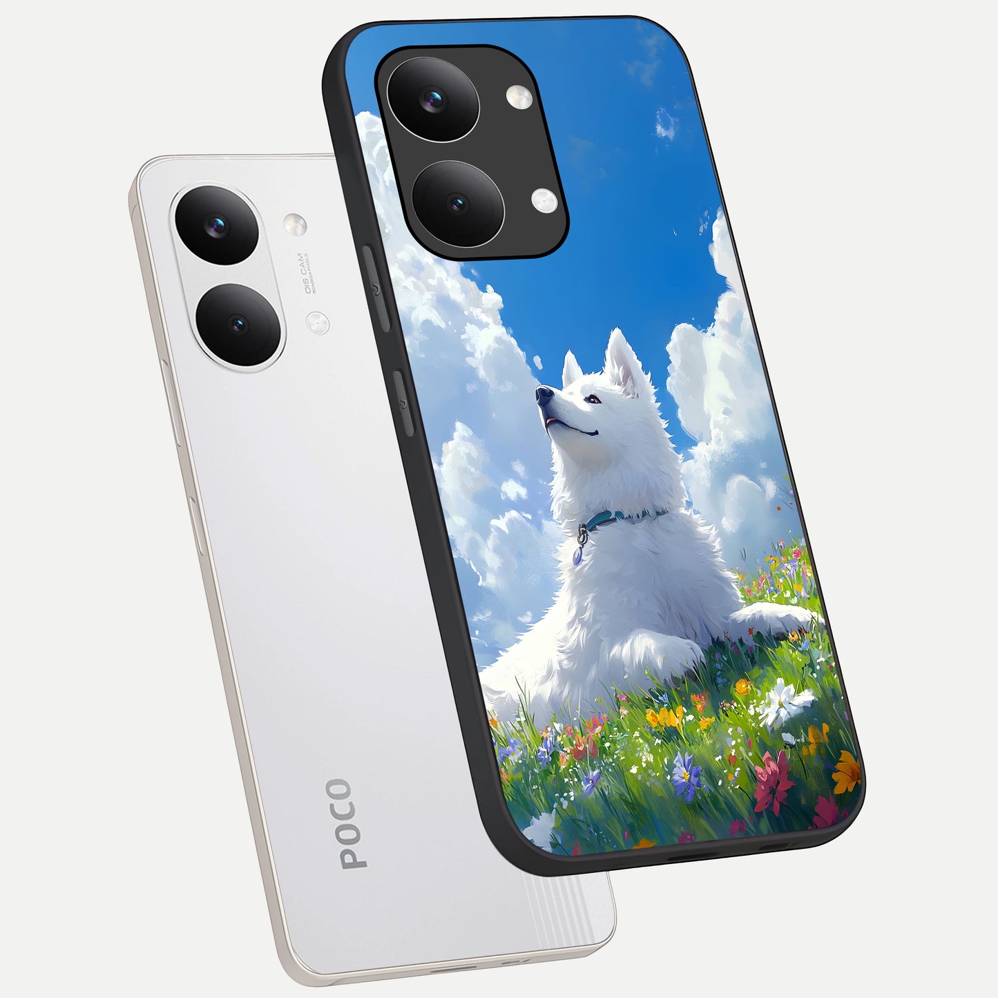  Blissful Cloud Pup phone case For Poco X8 Pro Max showing premium glass back cover with detailed artwork