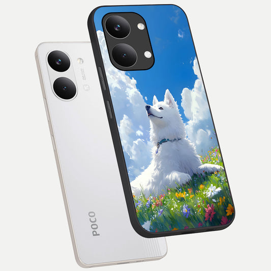  Blissful Cloud Pup phone case For Poco X8 Pro Max showing premium glass back cover with detailed artwork