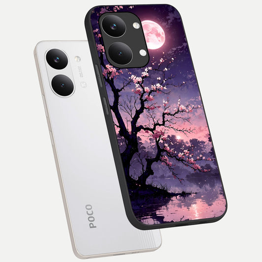  Blossom Pink Moon phone case For Poco X8 Pro Max showing premium glass back cover with detailed artwork