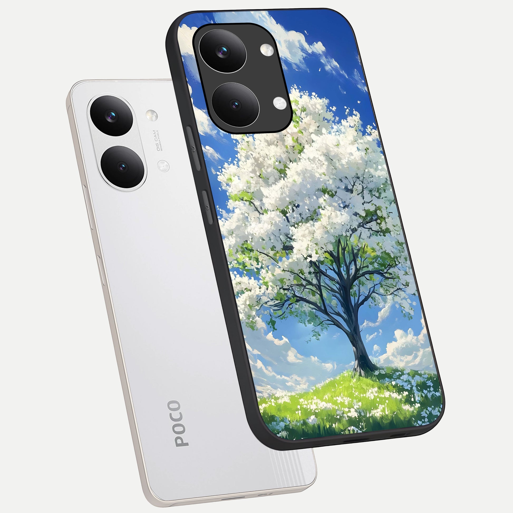  Blossom Sky Serenity phone case For Poco X8 Pro Max showing premium glass back cover with detailed artwork