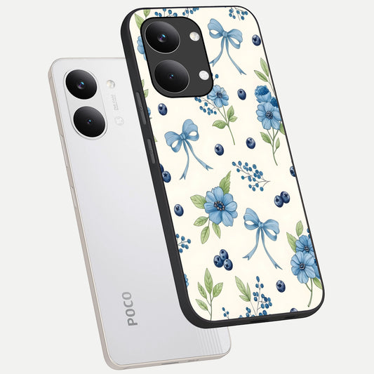  Blue Flower And Bow phone case For Poco X8 Pro Max showing premium glass back cover with detailed artwork