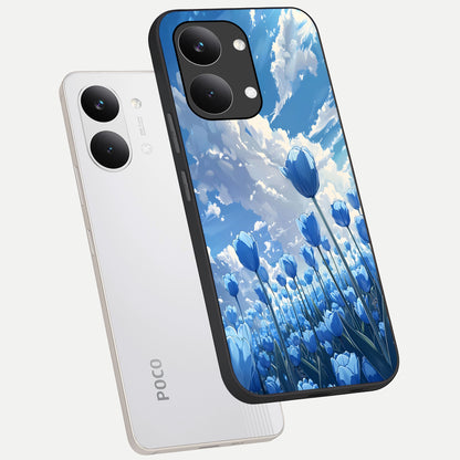  Blue Tulip Clouds phone case For Poco X8 Pro Max showing premium glass back cover with detailed artwork