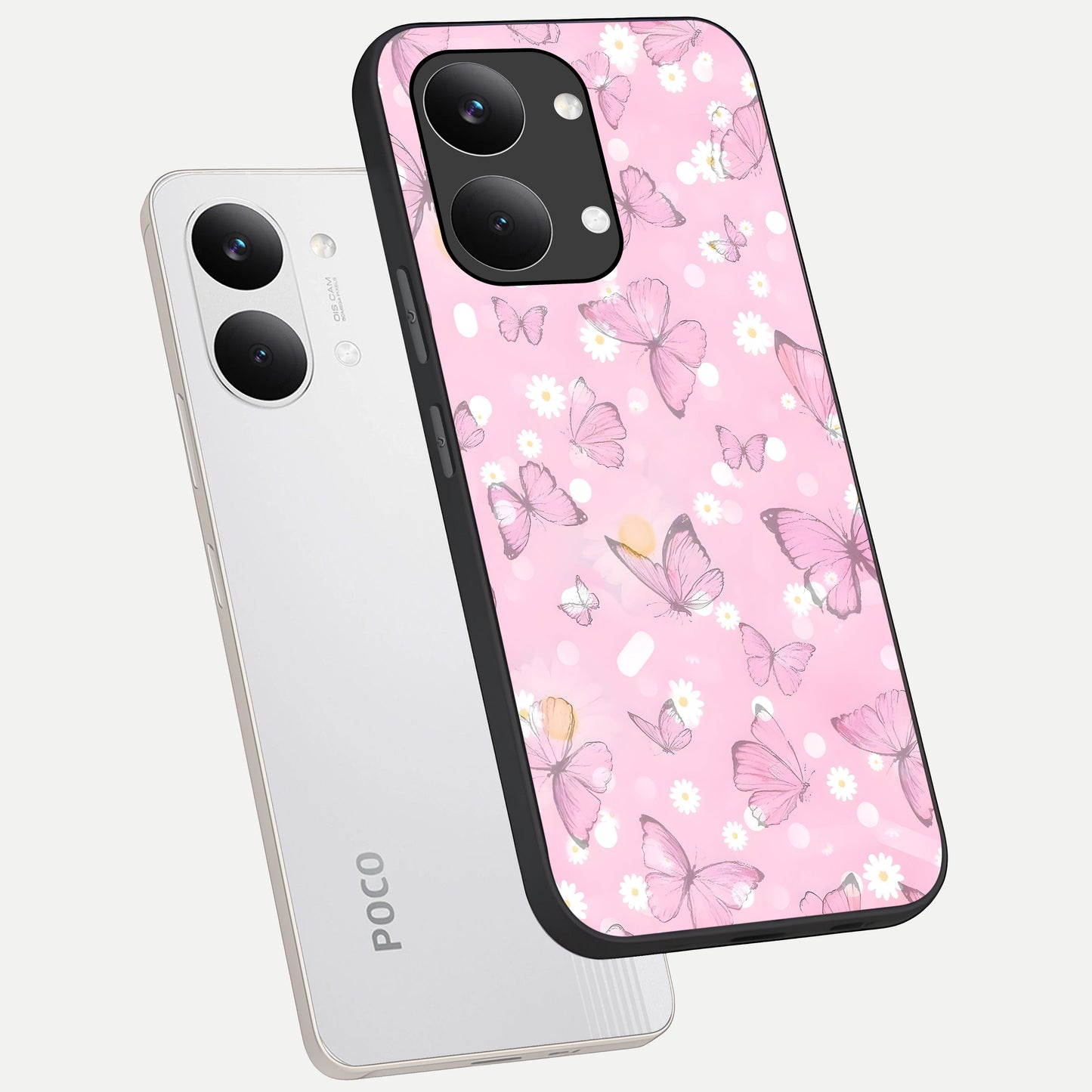  Blush Butterfly Garden phone case For Poco X8 Pro Max showing premium glass back cover with detailed artwork