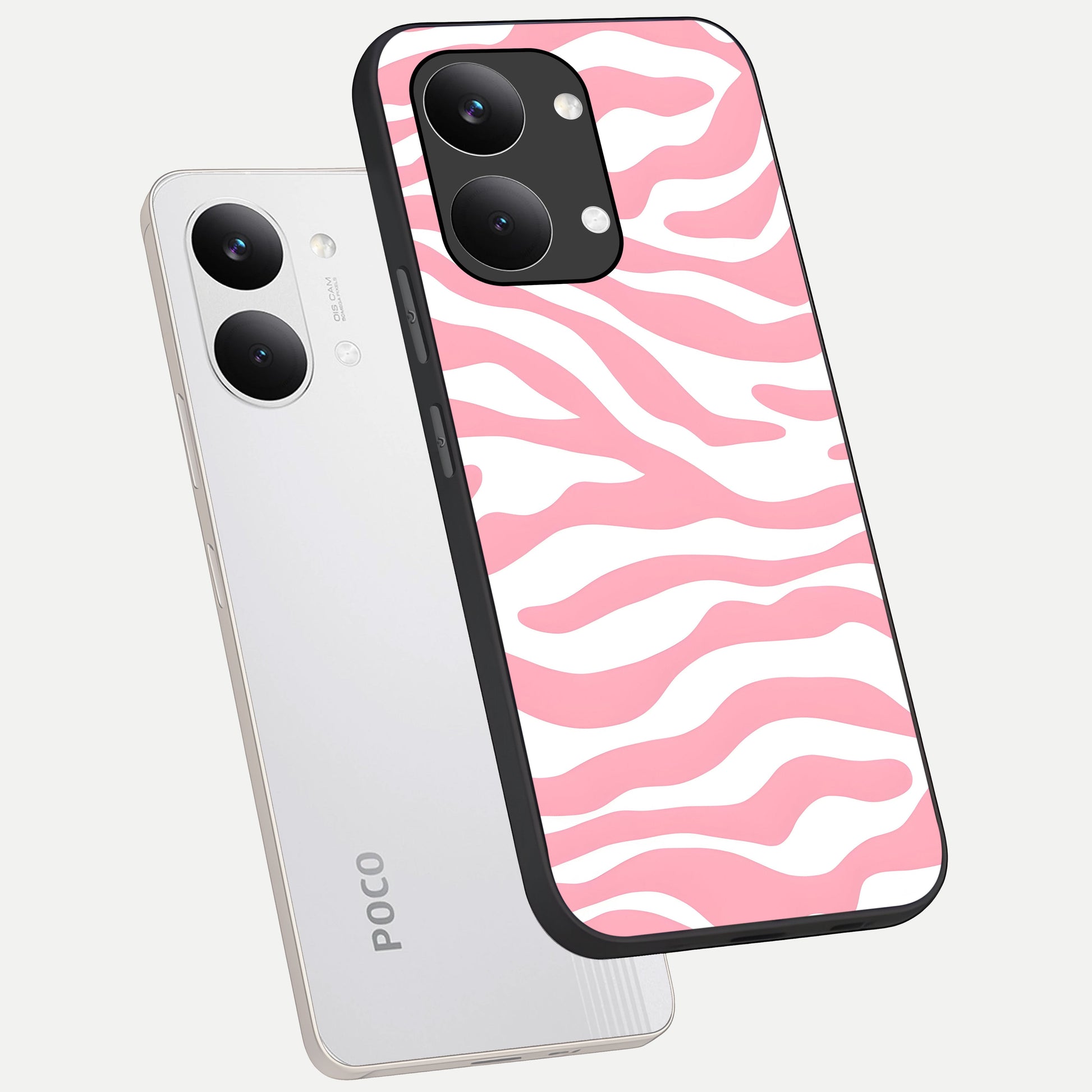  Blush Zebra Flow phone case For Poco X8 Pro Max showing premium glass back cover with detailed artwork