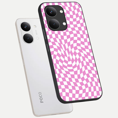  Bubblegum Check Wave phone case For Poco X8 Pro Max showing premium glass back cover with detailed artwork