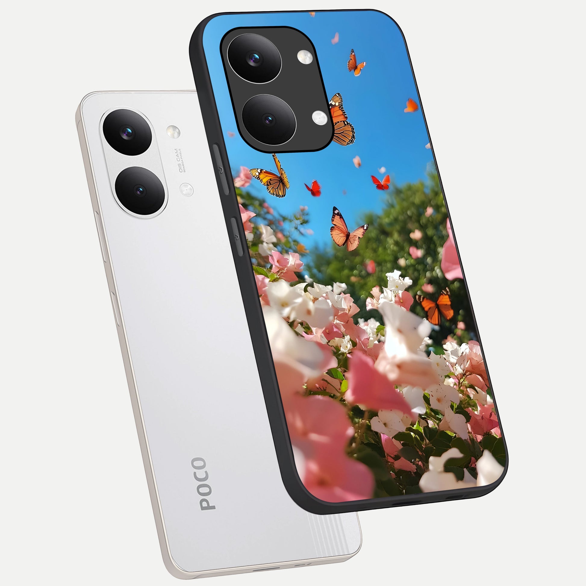  Butterflies In Bloom Sky phone case For Poco X8 Pro Max showing premium glass back cover with detailed artwork