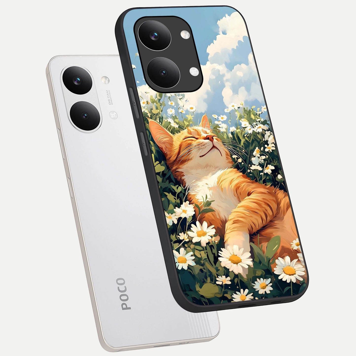  Cat And Flowers View phone case For Poco X8 Pro Max showing premium glass back cover with detailed artwork