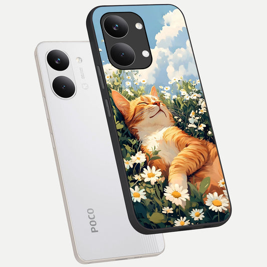  Cat And Flowers View phone case For Poco X8 Pro Max showing premium glass back cover with detailed artwork