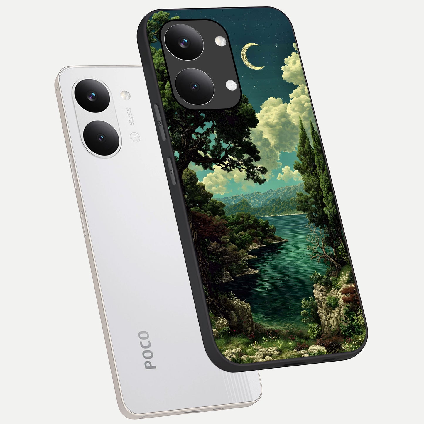  Celestial Lake Peace phone case For Poco X8 Pro Max showing premium glass back cover with detailed artwork