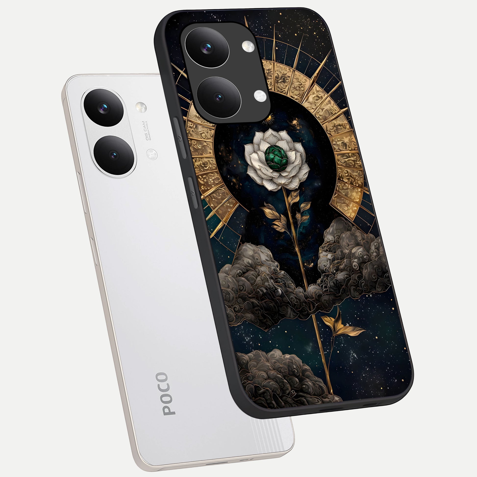  Celestial Lotus Morang phone case For Poco X8 Pro Max showing premium glass back cover with detailed artwork