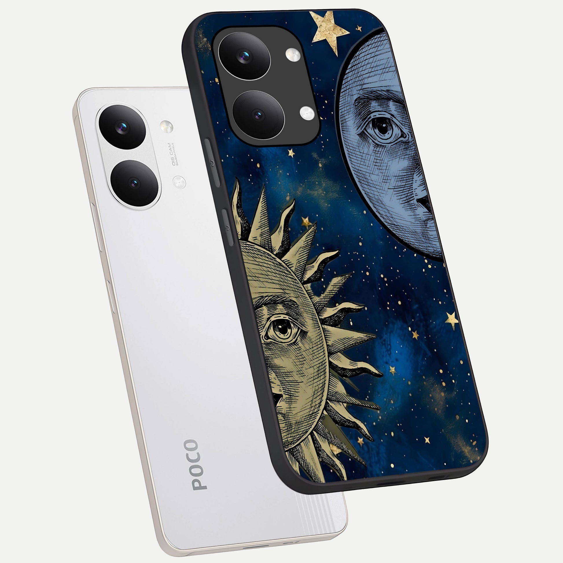  Celestial Moon With Sun phone case For Poco X8 Pro Max showing premium glass back cover with detailed artwork