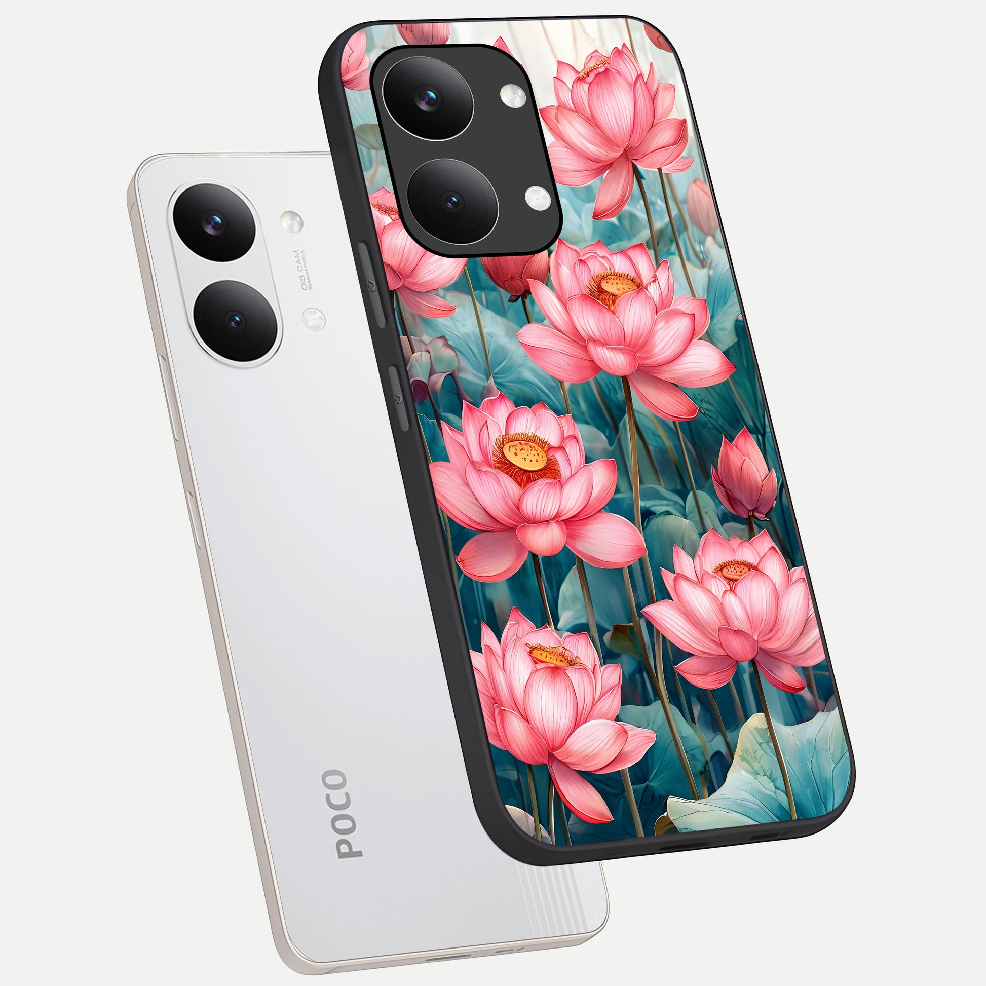  Celestial Pink Lotus phone case For Poco X8 Pro Max showing premium glass back cover with detailed artwork