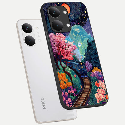 Celestial Train Journey phone case For Poco X8 Pro Max showing premium glass back cover with detailed artwork