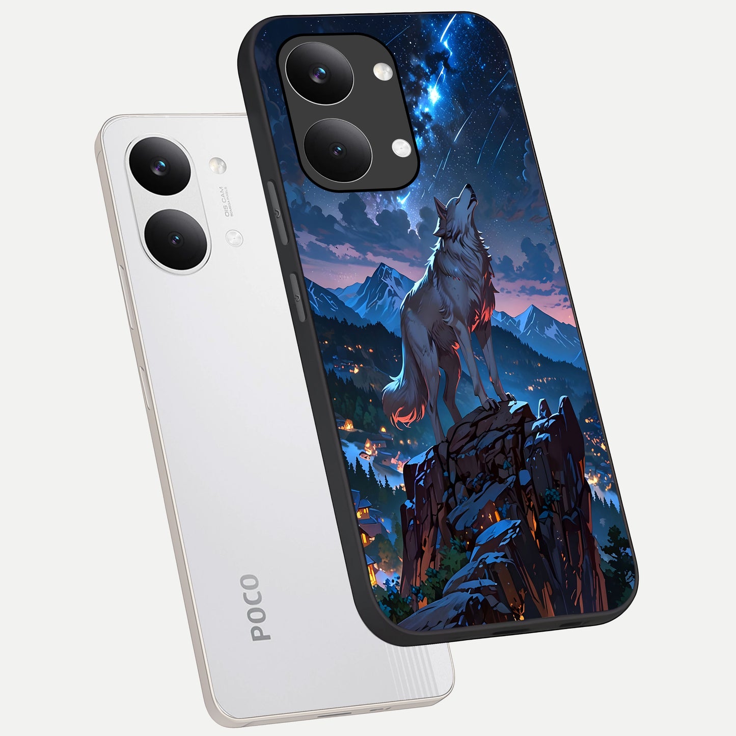  Celestial Wolf Howl phone case For Poco X8 Pro Max showing premium glass back cover with detailed artwork