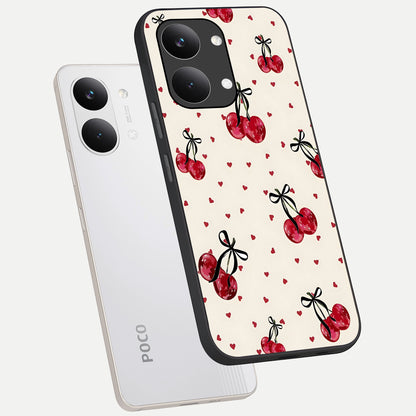  Cherry Heart Bow phone case For Poco X8 Pro Max showing premium glass back cover with detailed artwork