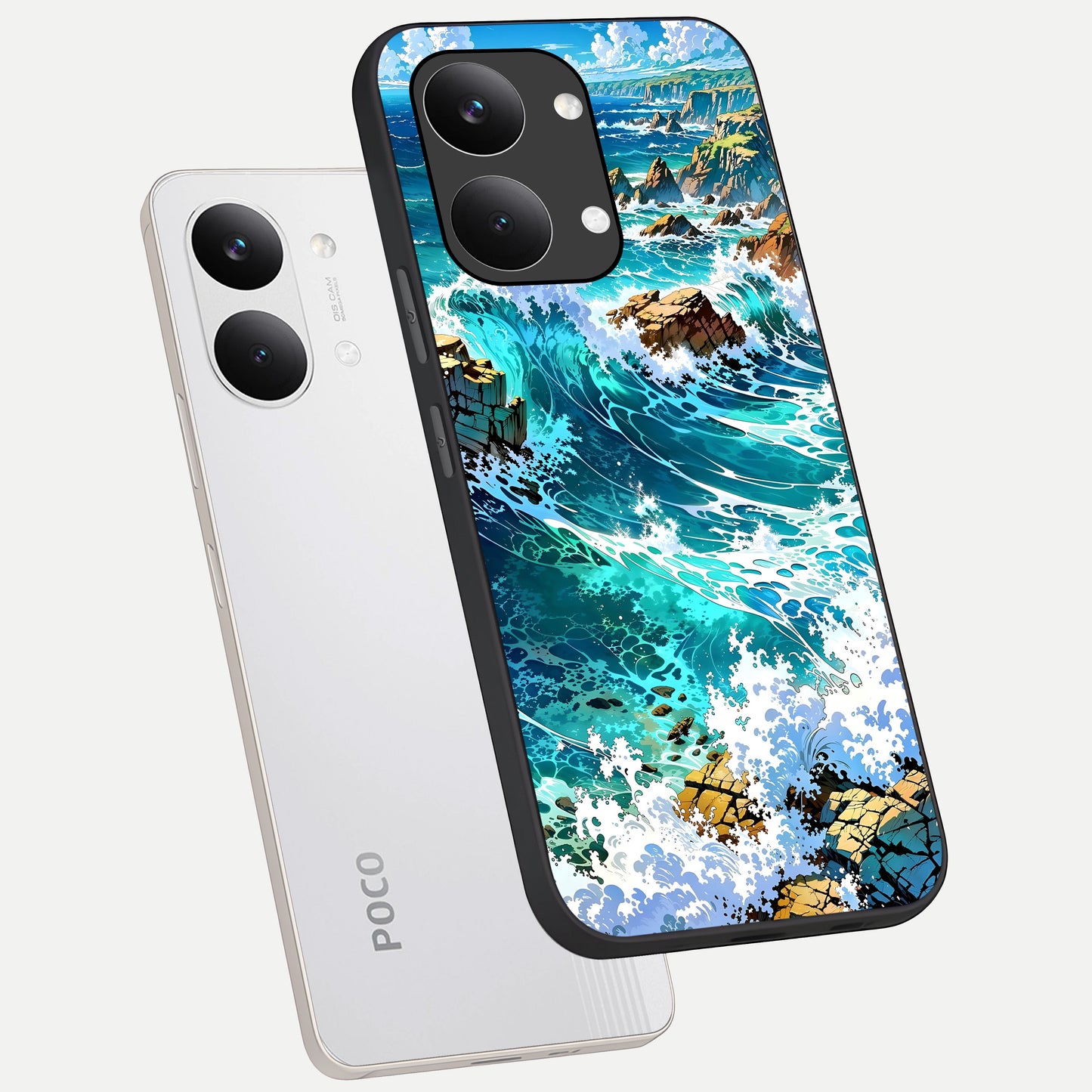  Coastal Blue Waves phone case For Poco X8 Pro Max showing premium glass back cover with detailed artwork