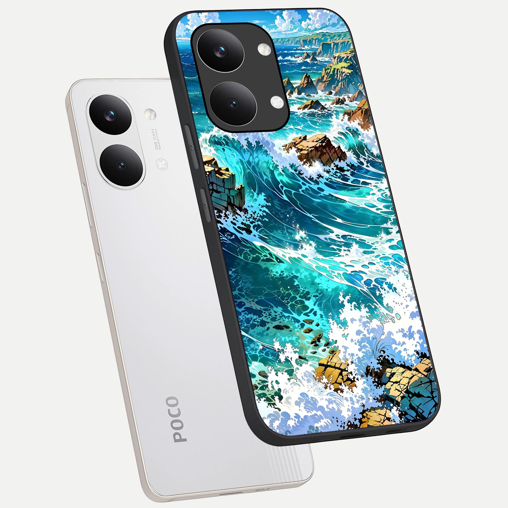  Coastal Blue Waves phone case For Poco X8 Pro Max showing premium glass back cover with detailed artwork