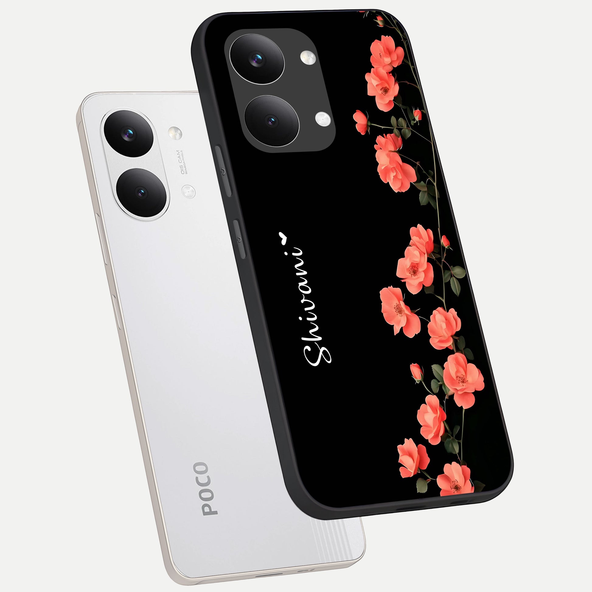 Crimson Bloom Grace Custom Name phone case For Poco X8 Pro Max showing premium glass back cover with detailed artwork