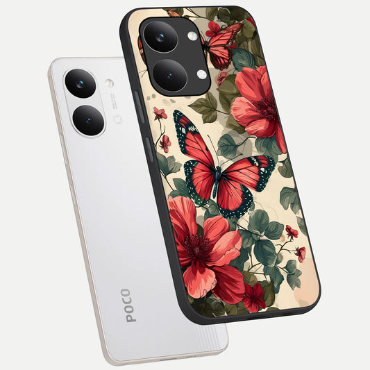  Crimson Butterfly Garden phone case For Poco X8 Pro Max showing premium glass back cover with detailed artwork