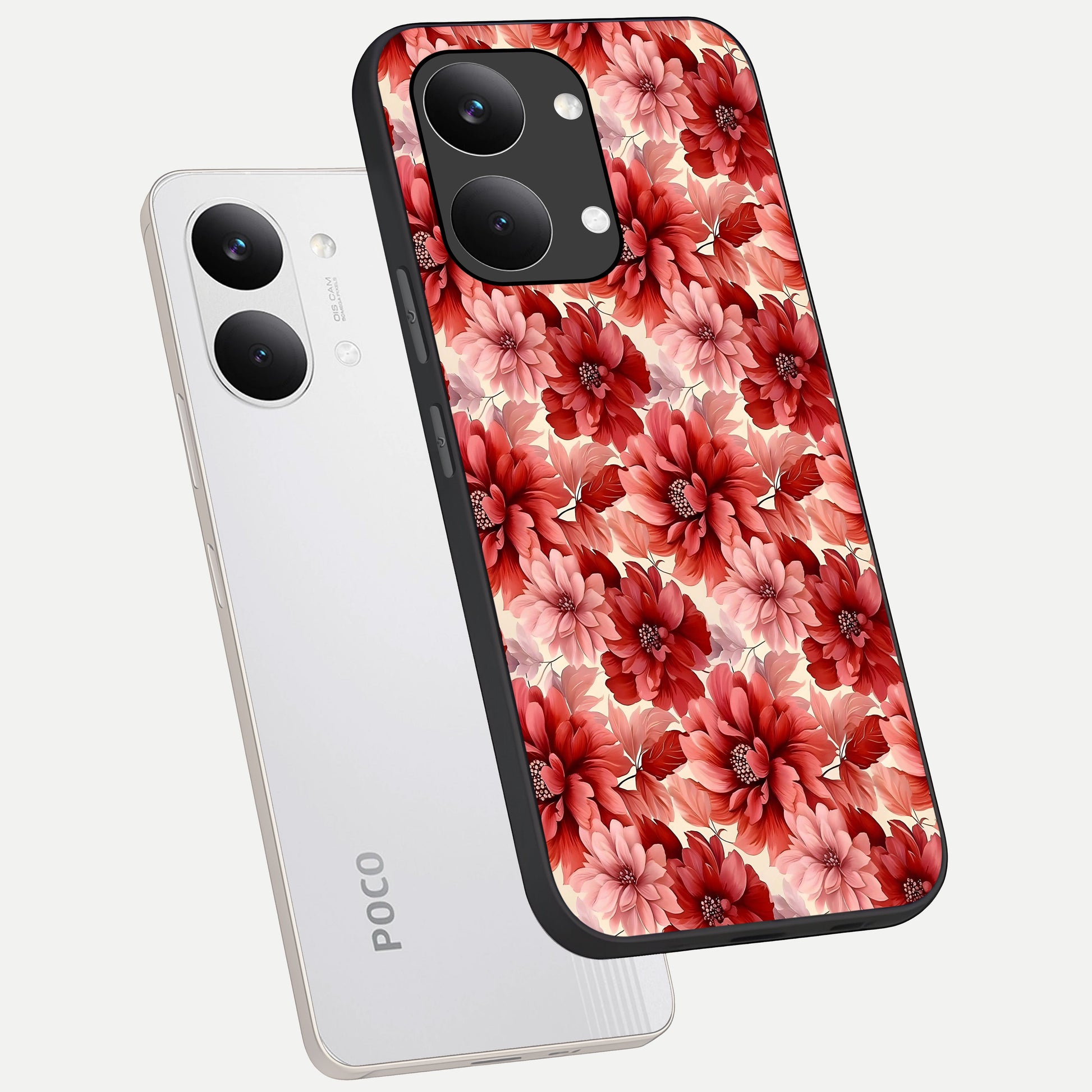  Crimson Love Petals phone case For Poco X8 Pro Max showing premium glass back cover with detailed artwork