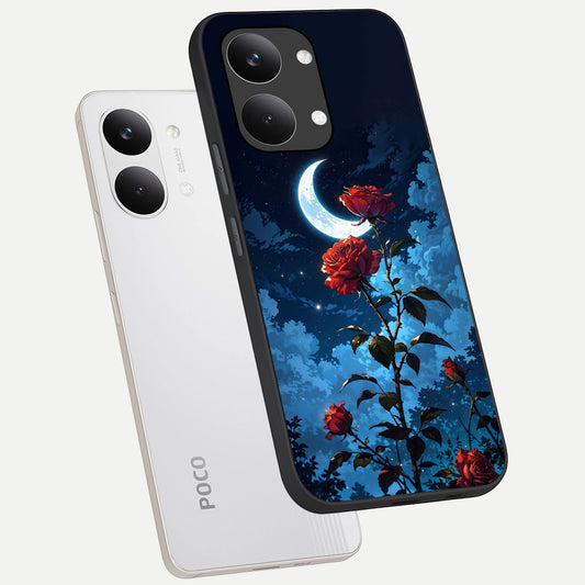  Crimson Rose Moon phone case For Poco X8 Pro Max showing premium glass back cover with detailed artwork
