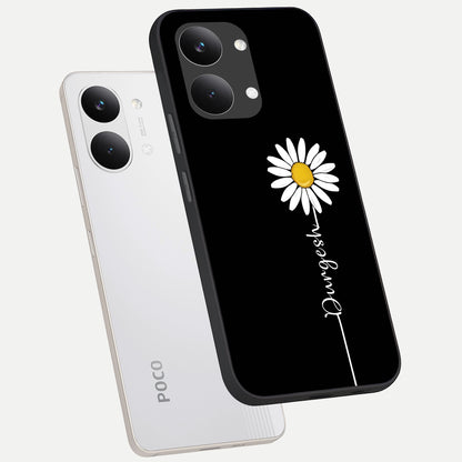  Custom Name White Flower phone case For Poco X8 Pro Max showing premium glass back cover with detailed artwork
