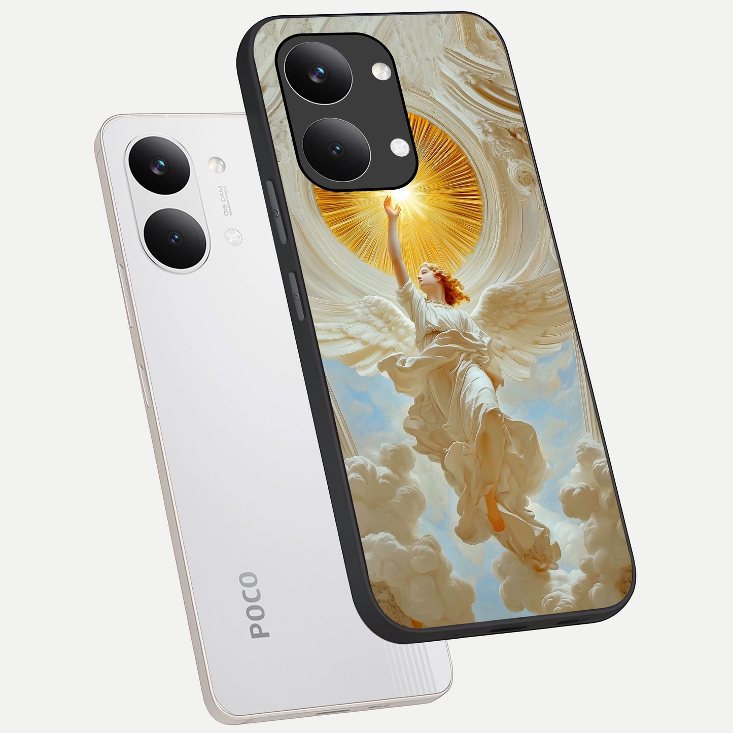  Divine Light Angel phone case For Poco X8 Pro Max showing premium glass back cover with detailed artwork