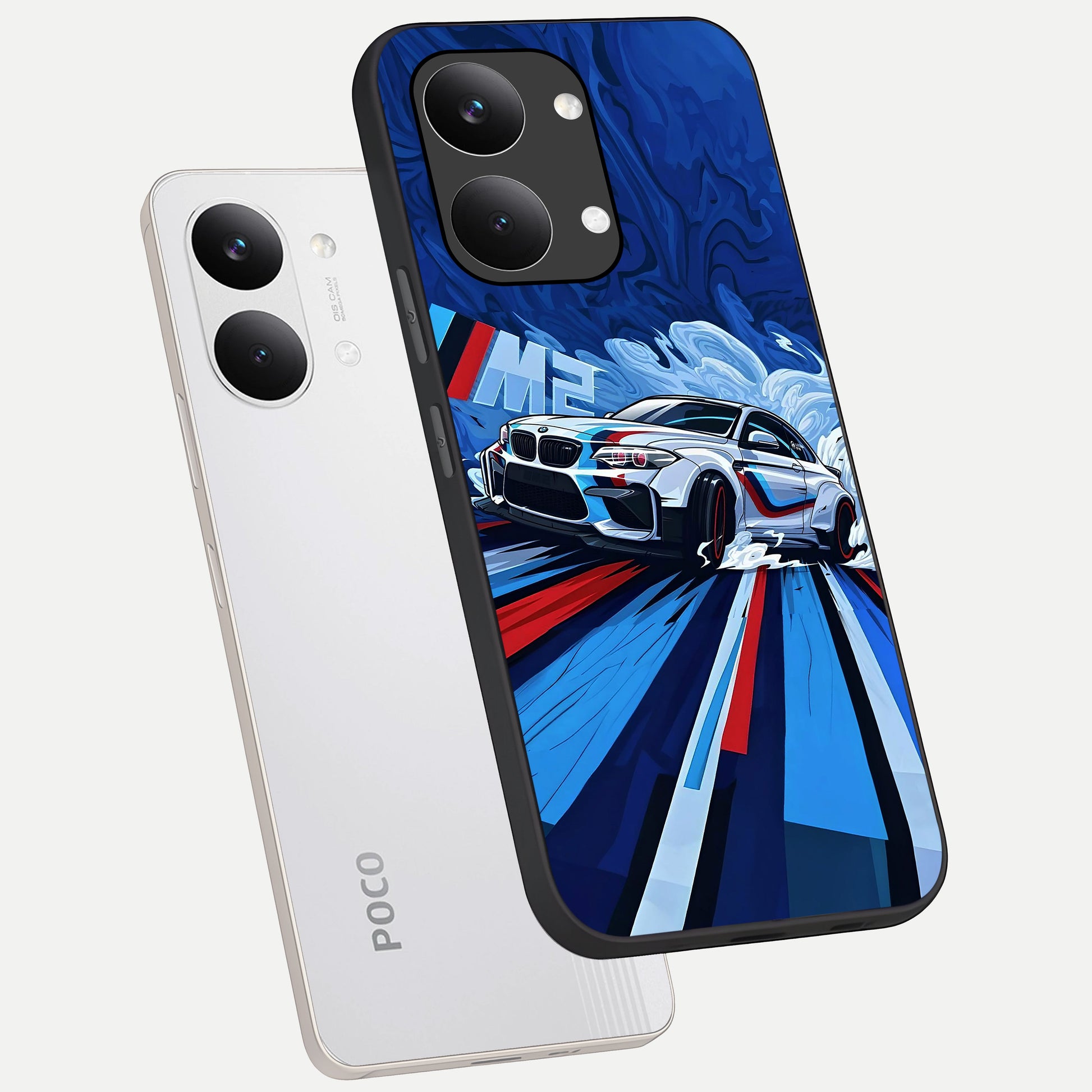  Drift Power Rush phone case For Poco X8 Pro Max showing premium glass back cover with detailed artwork
