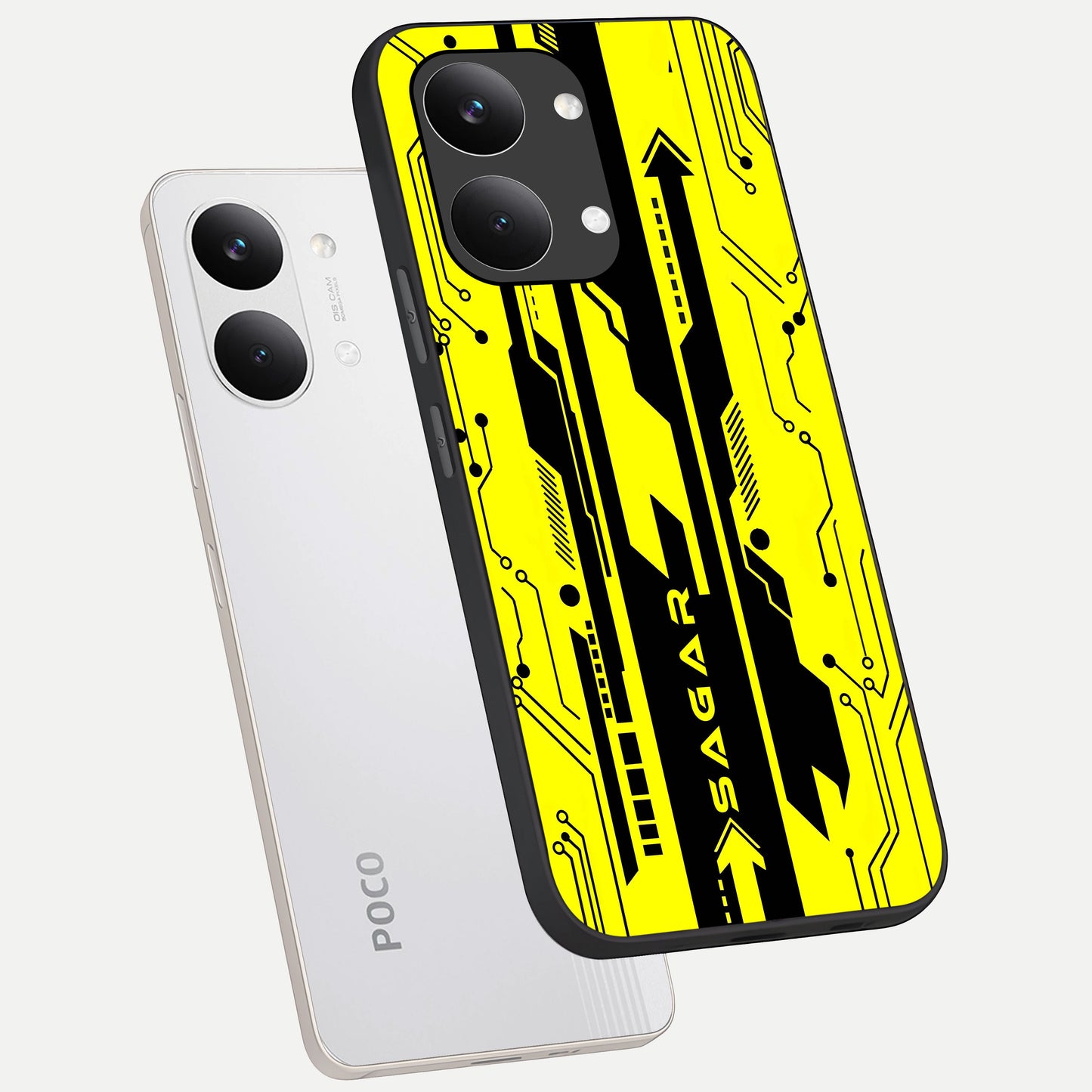  Electric Pulse CYBERPUNK Custom Name phone case For Poco X8 Pro Max showing premium glass back cover with detailed artwork