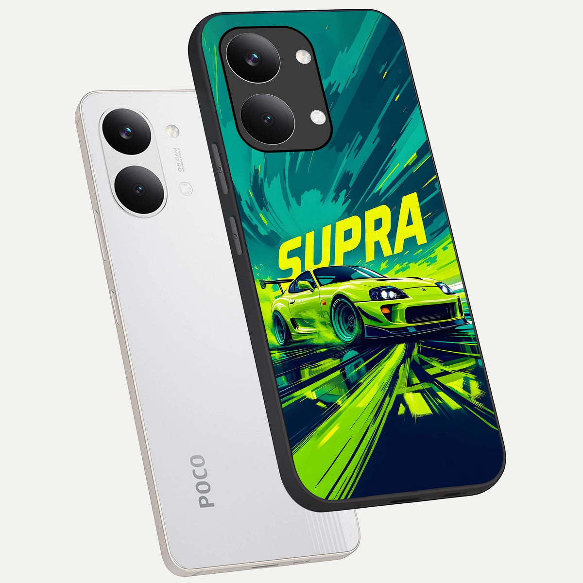  Electric Supra Thunder phone case For Poco X8 Pro Max showing premium glass back cover with detailed artwork