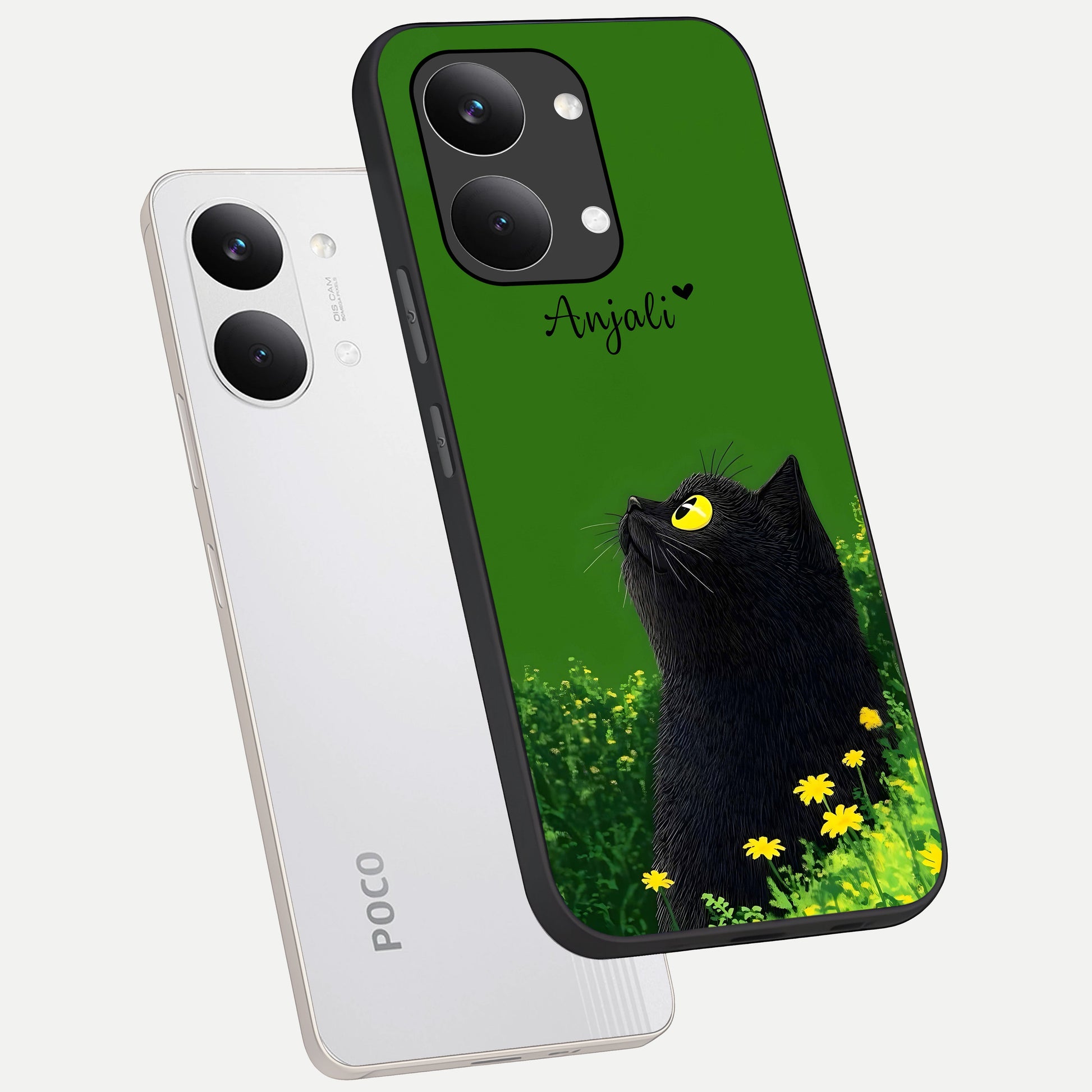  Emerald Cat Custom Name phone case For Poco X8 Pro Max showing premium glass back cover with detailed artwork