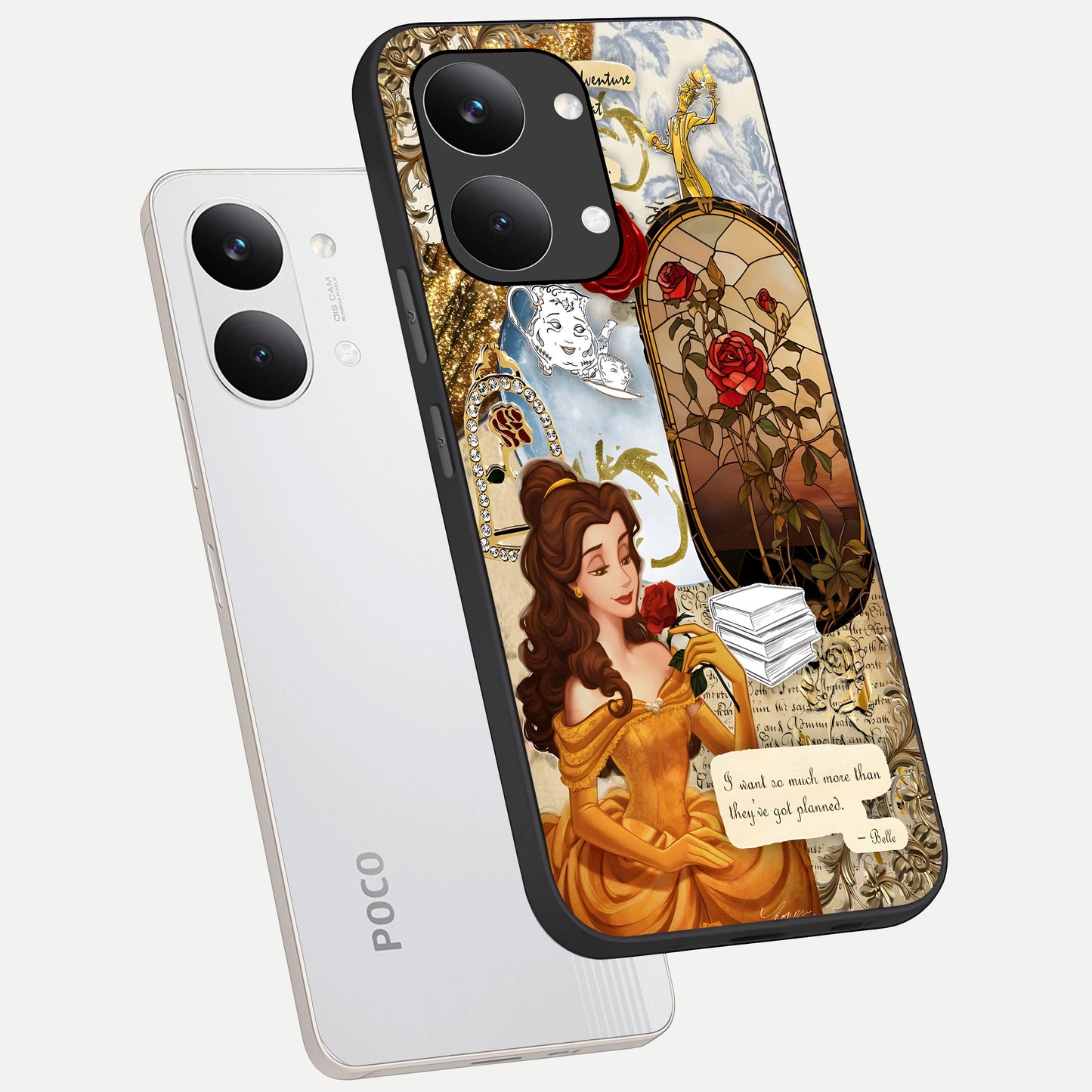  Golden Dream Belle phone case For Poco X8 Pro Max showing premium glass back cover with detailed artwork
