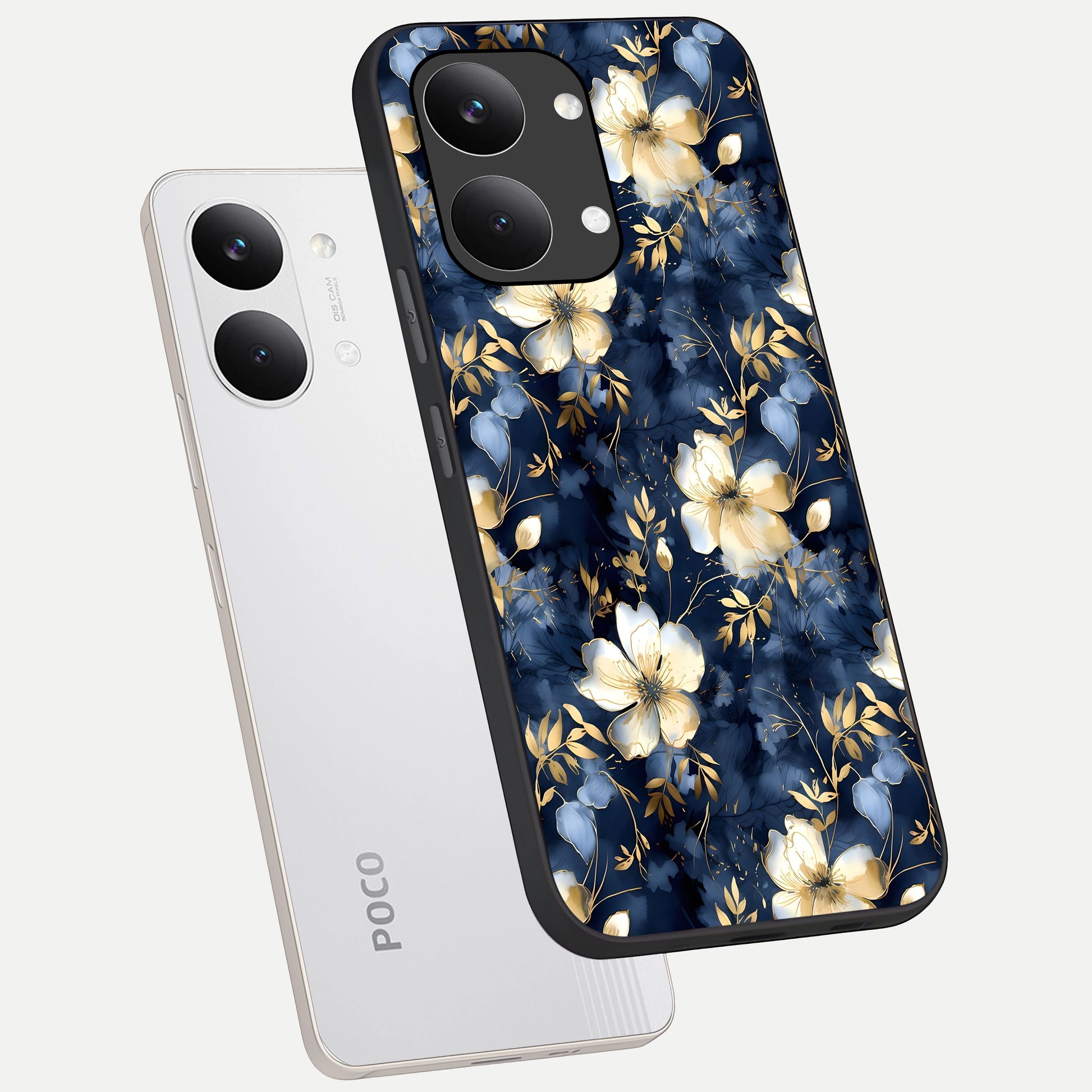  Golden Midnight Bloom phone case For Poco X8 Pro Max showing premium glass back cover with detailed artwork