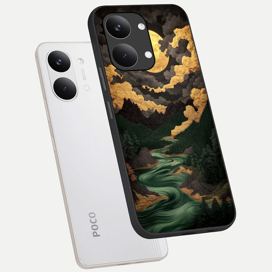  Golden River Moon phone case For Poco X8 Pro Max showing premium glass back cover with detailed artwork