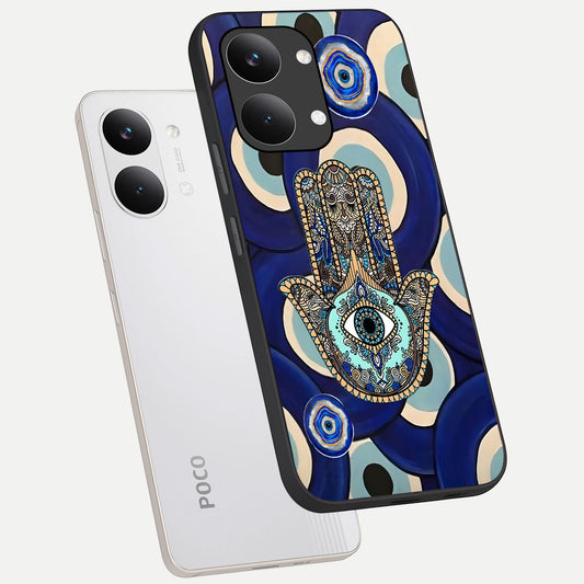  Hamsa Divine Guard phone case For Poco X8 Pro Max showing premium glass back cover with detailed artwork