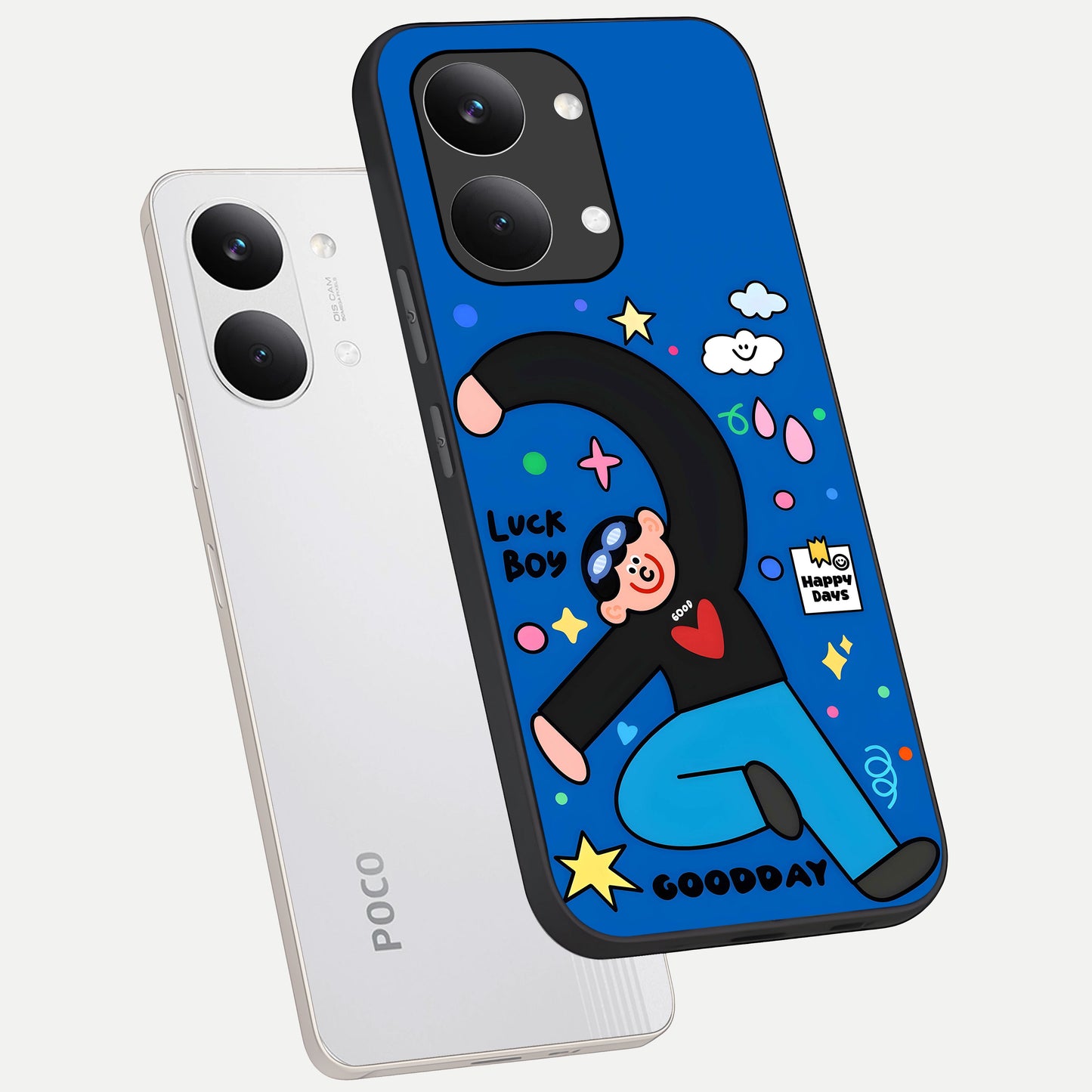  Happy Luck Vibe phone case For Poco X8 Pro Max showing premium glass back cover with detailed artwork