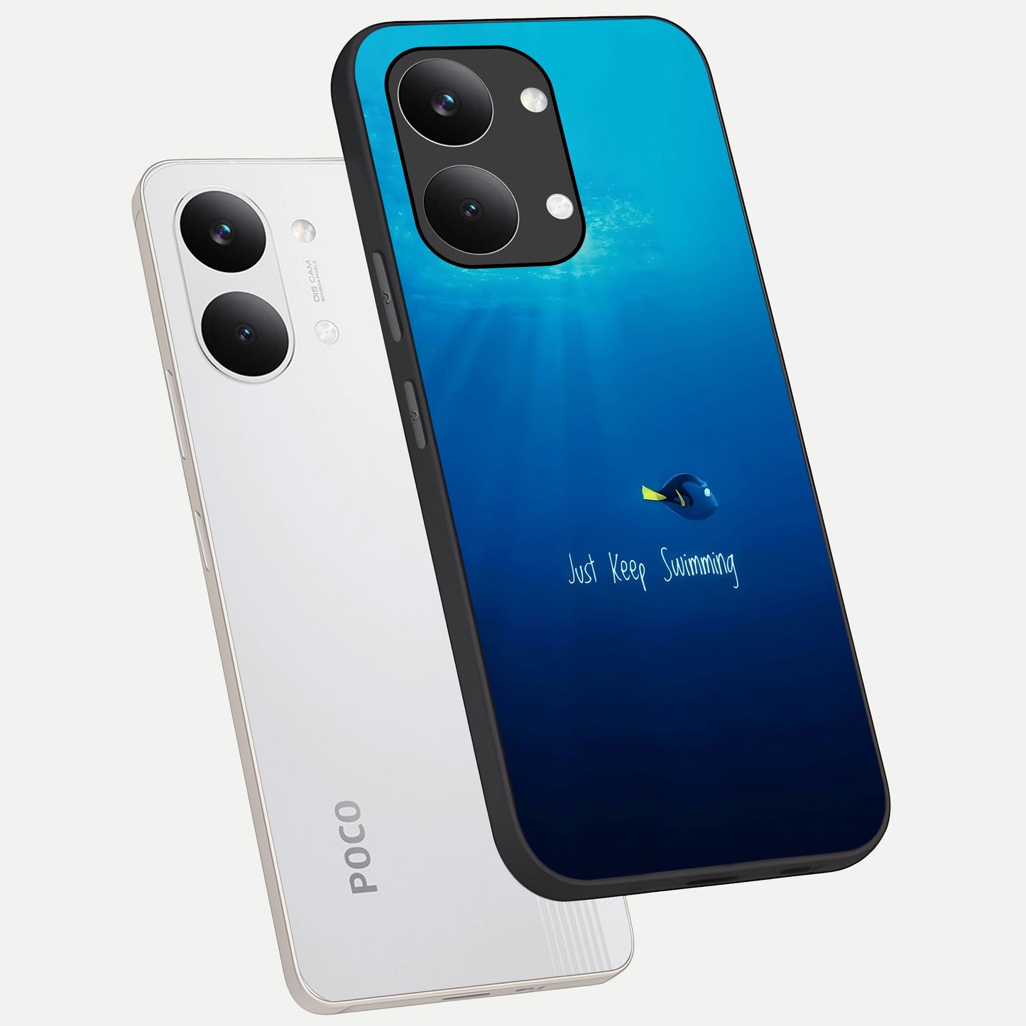  Just Keep Swimming phone case For Poco X8 Pro Max showing premium glass back cover with detailed artwork