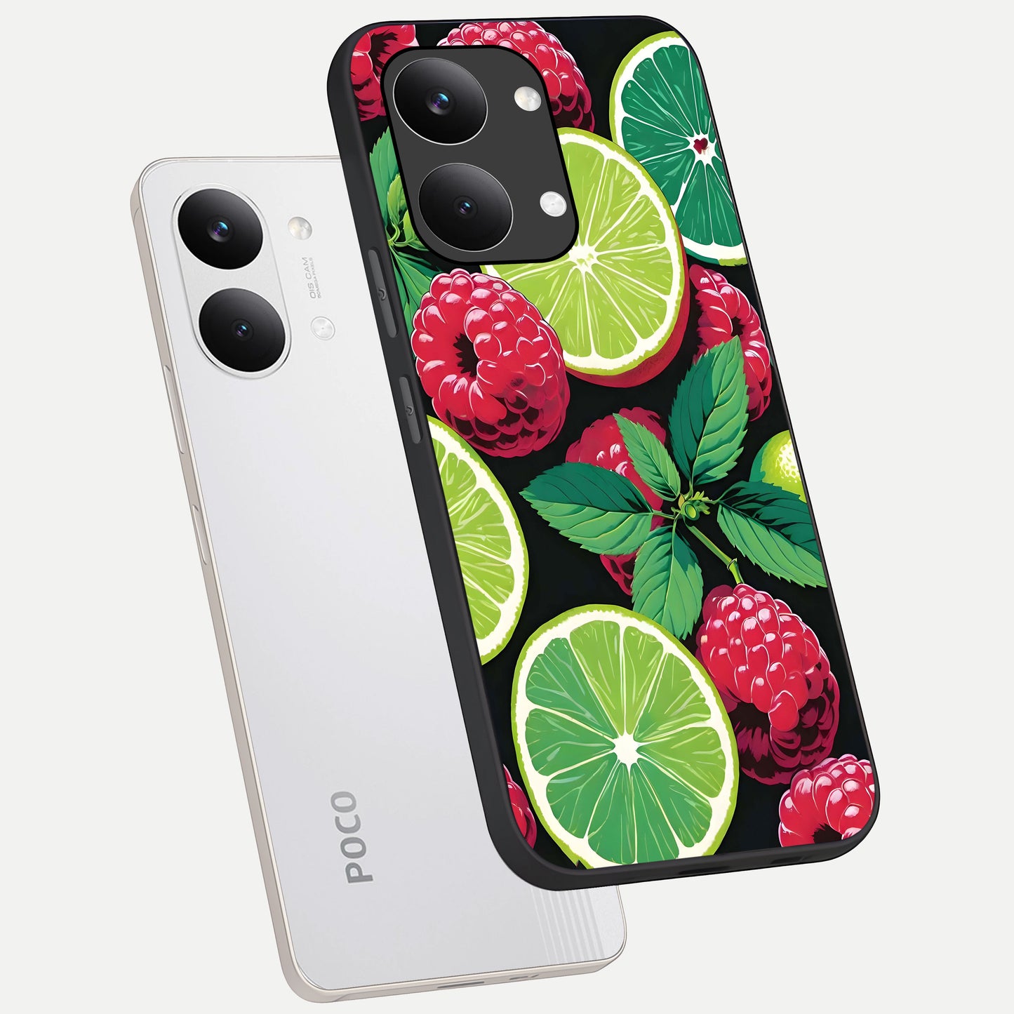  Lime and Raspberry Pattern phone case For Poco X8 Pro Max showing premium glass back cover with detailed artwork