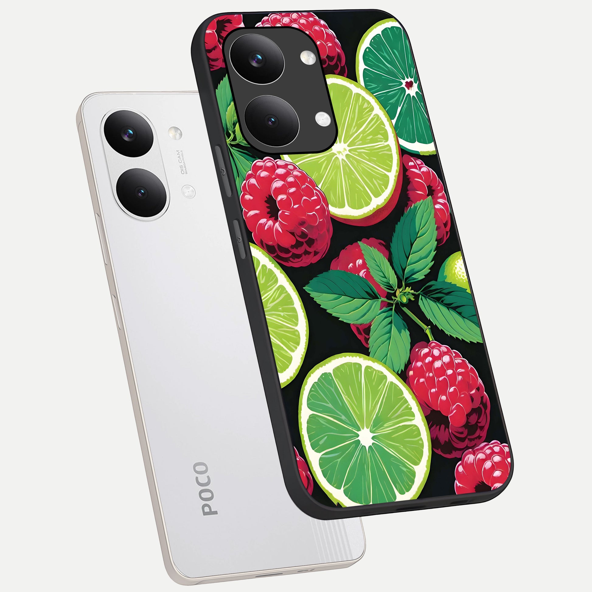  Lime and Raspberry Pattern phone case For Poco X8 Pro Max showing premium glass back cover with detailed artwork