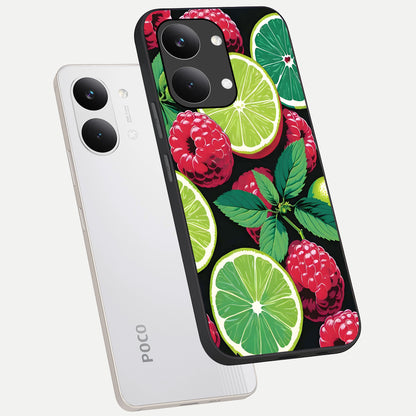  Lime and Raspberry Pattern phone case For Poco X8 Pro Max showing premium glass back cover with detailed artwork