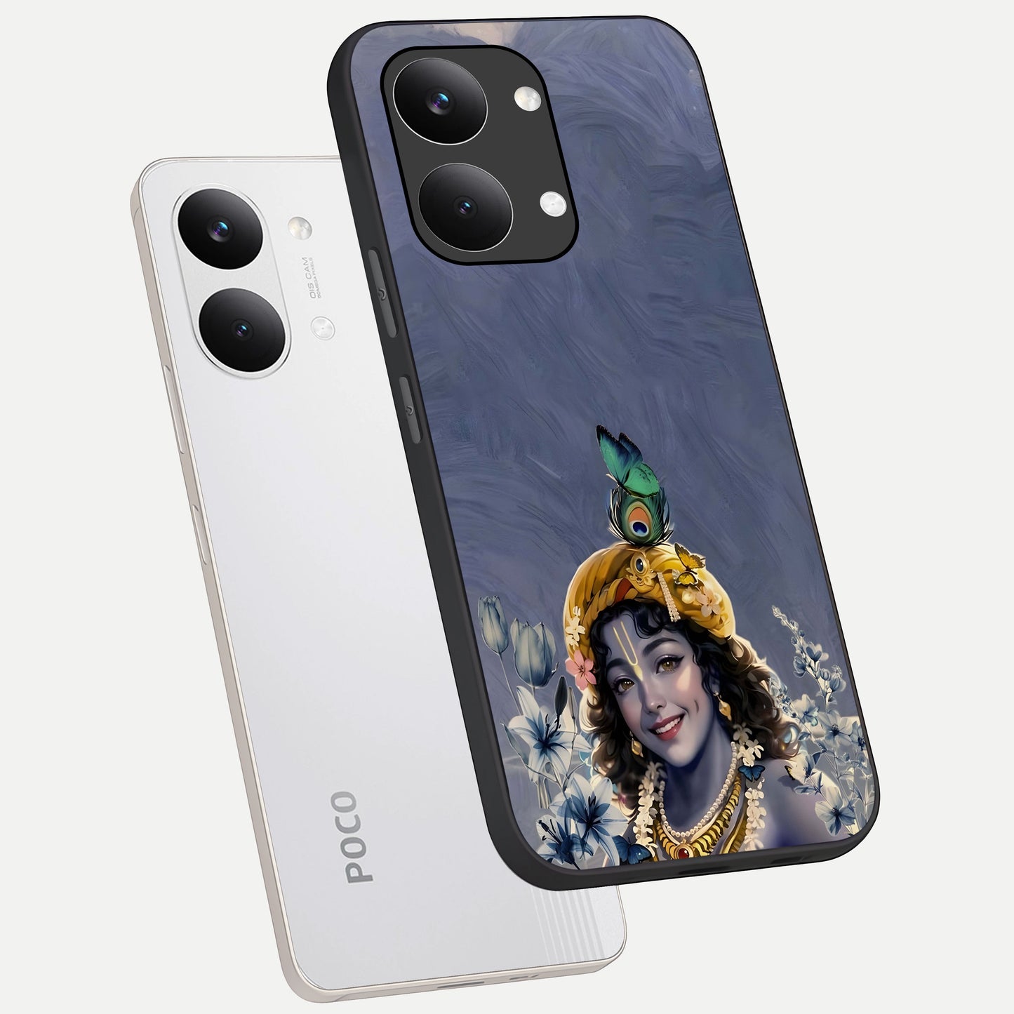  Lord Krishna phone case For Poco X8 Pro Max showing premium glass back cover with detailed artwork