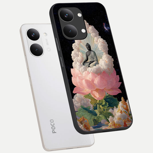 Lotus Divine Peace phone case For Poco X8 Pro Max showing premium glass back cover with detailed artwork
