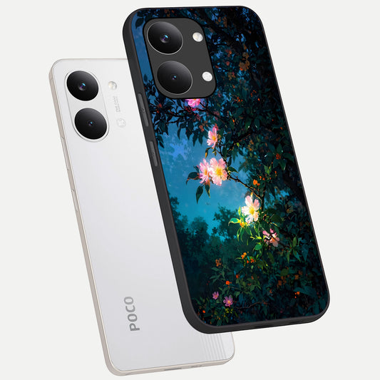  Midnight Bloom Glow phone case For Poco X8 Pro Max showing premium glass back cover with detailed artwork