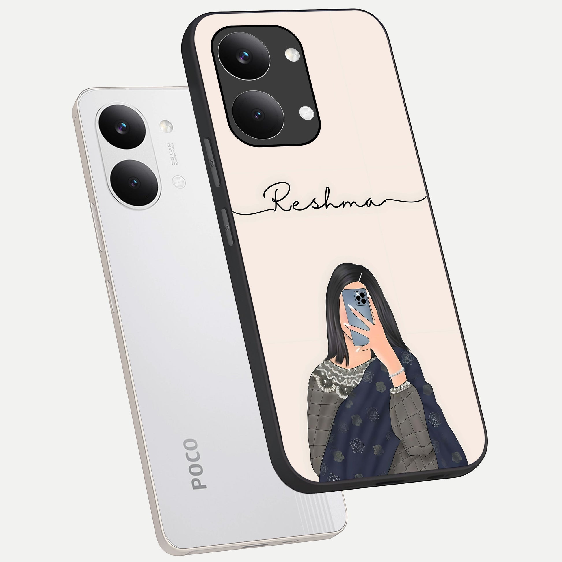  Mirror Mood Muse With Custom Name phone case For Poco X8 Pro Max showing premium glass back cover with detailed artwork
