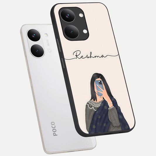  Mirror Mood Muse With Custom Name phone case For Poco X8 Pro Max showing premium glass back cover with detailed artwork
