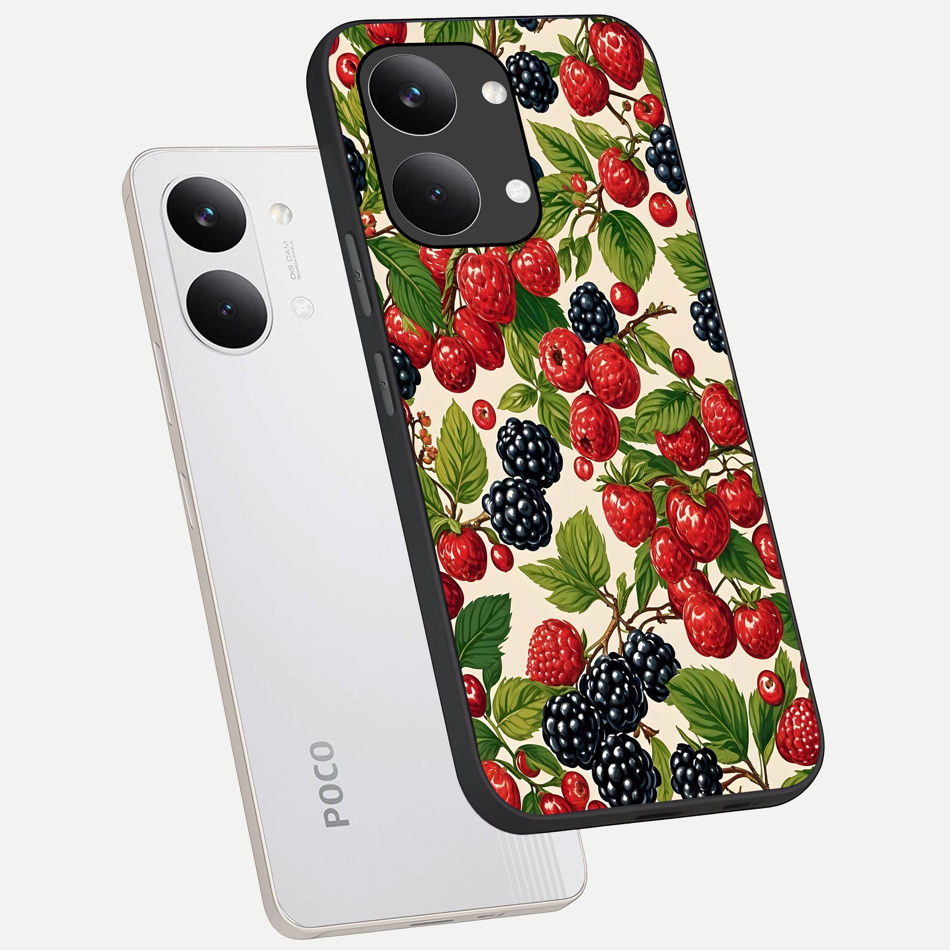  Mixed Berry Collage phone case For Poco X8 Pro Max showing premium glass back cover with detailed artwork