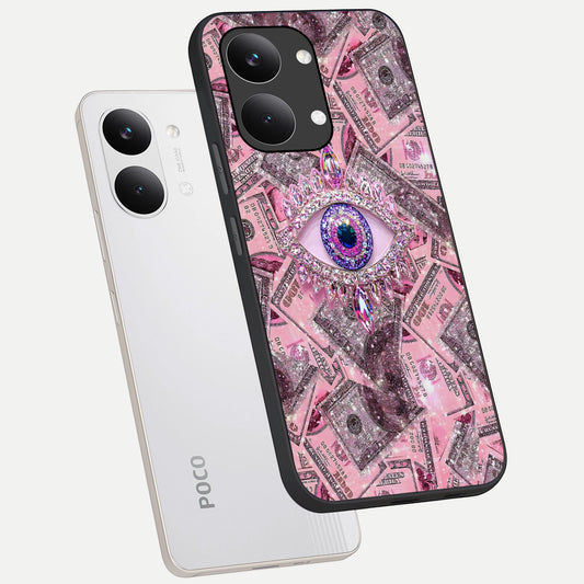  Money Eye Luxe phone case For Poco X8 Pro Max showing premium glass back cover with detailed artwork
